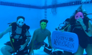Mrs. Tonya Singleton’s Upper School students shared Happy Halloween messages with masks and skeletons while scuba diving in Farragut’s pool.